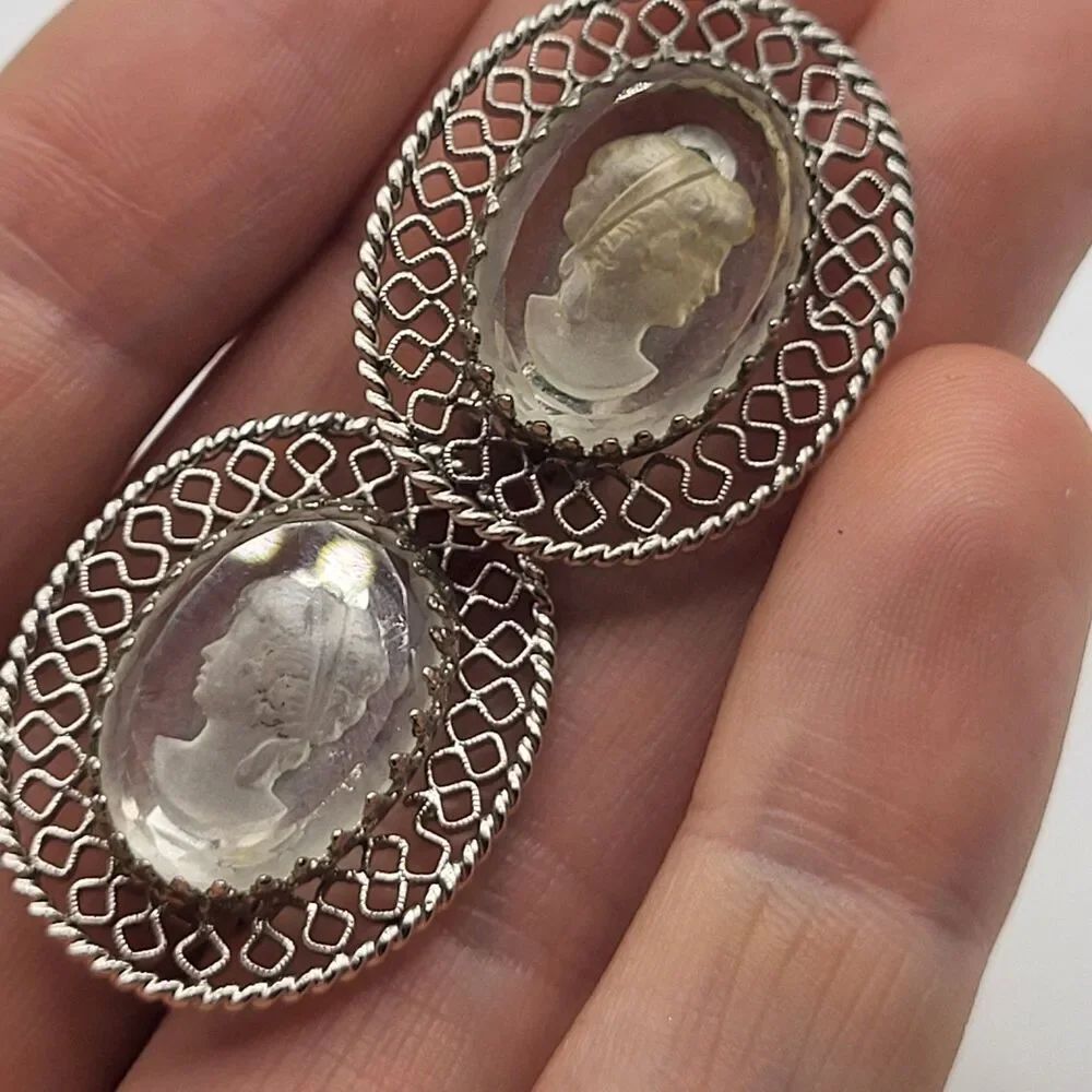 WHITING & DAVIS signed silver carved cameo glass designer clip on earrings 1in